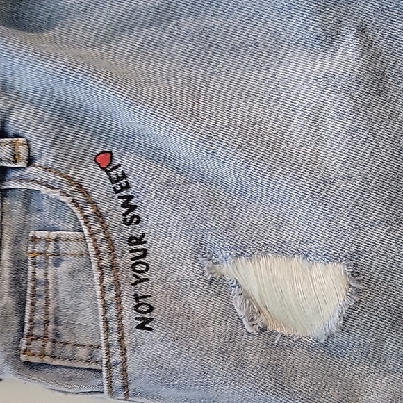 Y2K Patch Denim Mini Skirt Sz 6 Juniors Distressed Quote Embroidery NWT - Picture 5 of 8